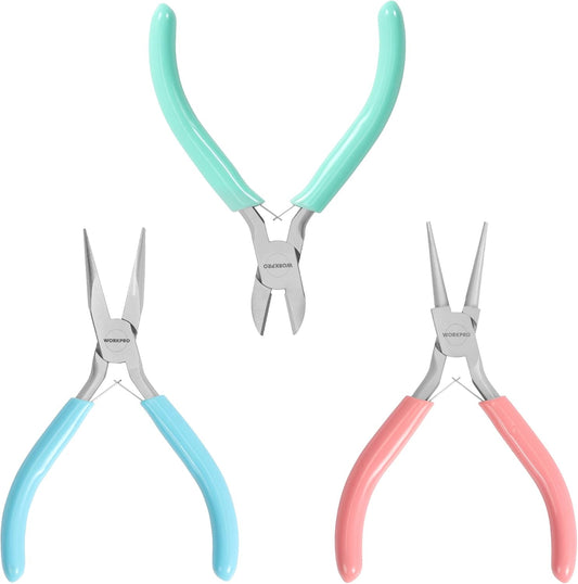 WORKPRO Jewelry Pliers Set, 3 Pack Jewelry Making Tool Kit Includes Mini Needle Nose Plier/Chain Nose Plier, Round Nose Plier and Wire Cutter for Jewelry Repair, DIY Crafts, Jewelry Making Supplies