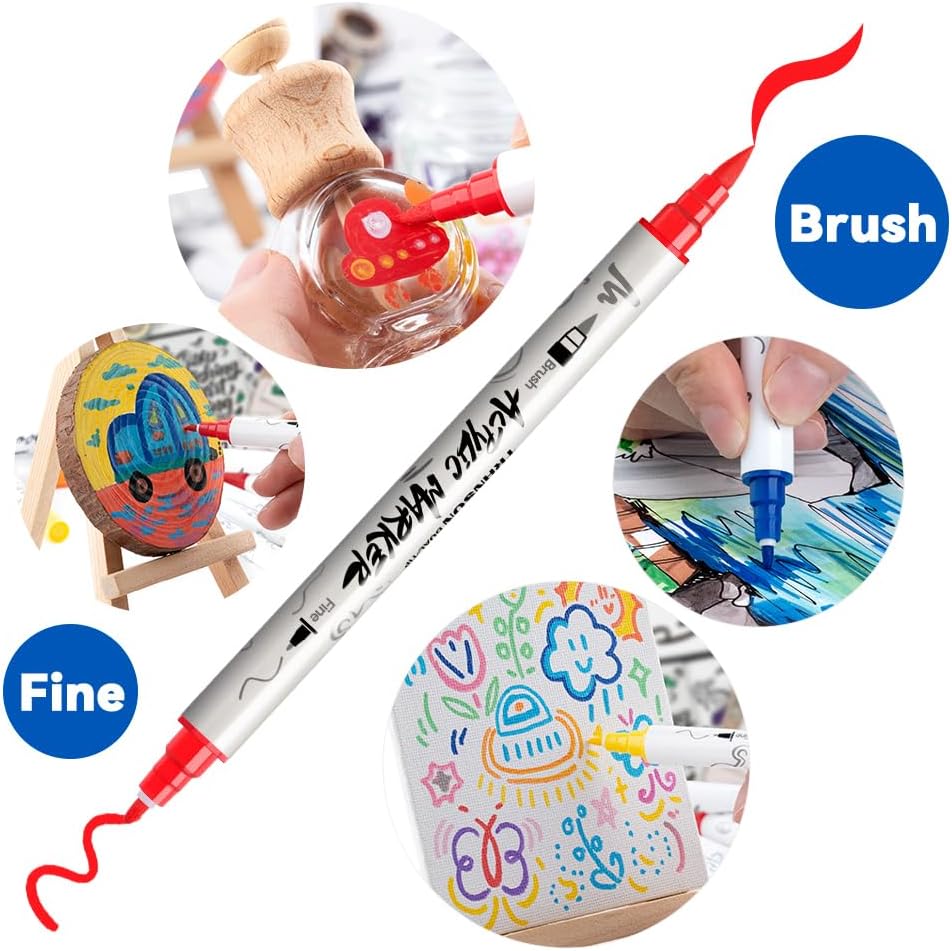 TRANSON 36 Colors Fine and Brush Dual-tip Acrylic Paint Marker Pen Set for Canvas Rock Wood Leather Ceramic DIY Painting