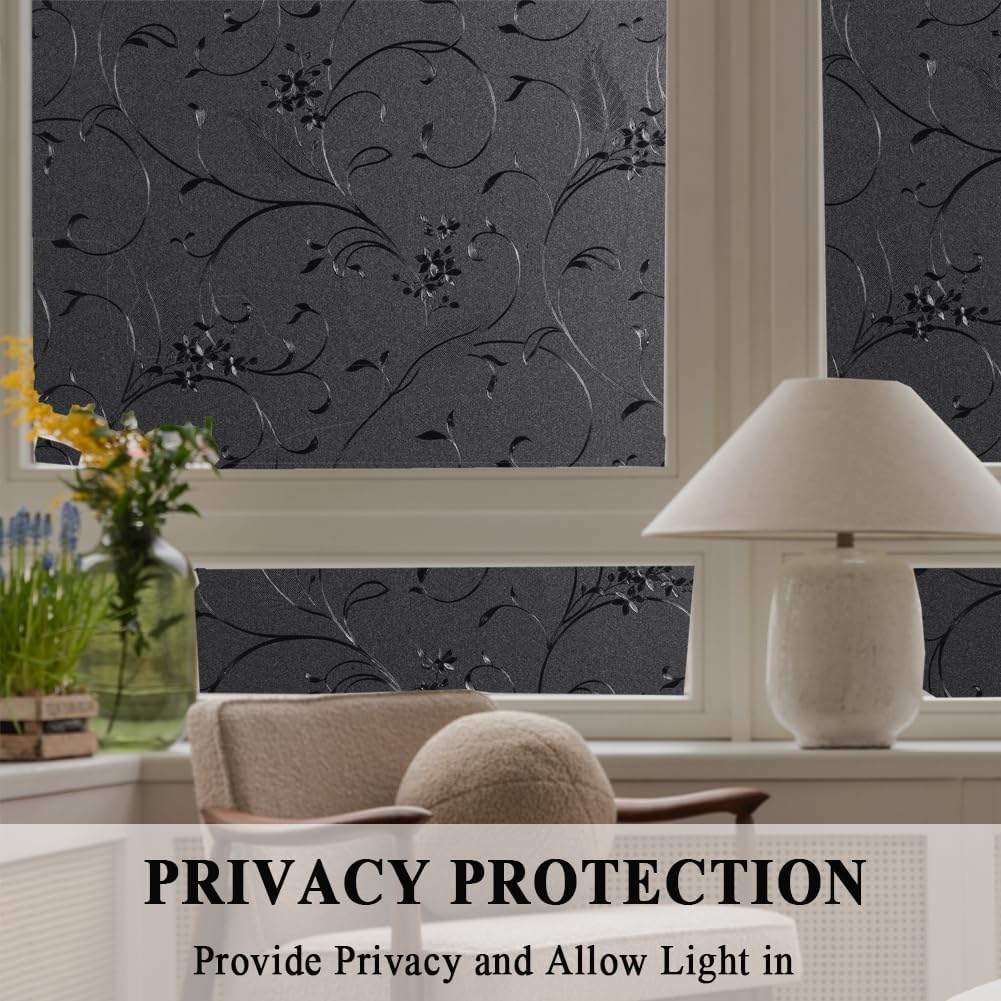 Mikomer Total Blackout Window Film,100% Light Blocking Privacy Glass Door Film Etched Flowers,Room Darkening Window Cling,No Glue/Heat Control/Anti UV for Day Sleep & High Privacy,17.5In. by 78.7In.