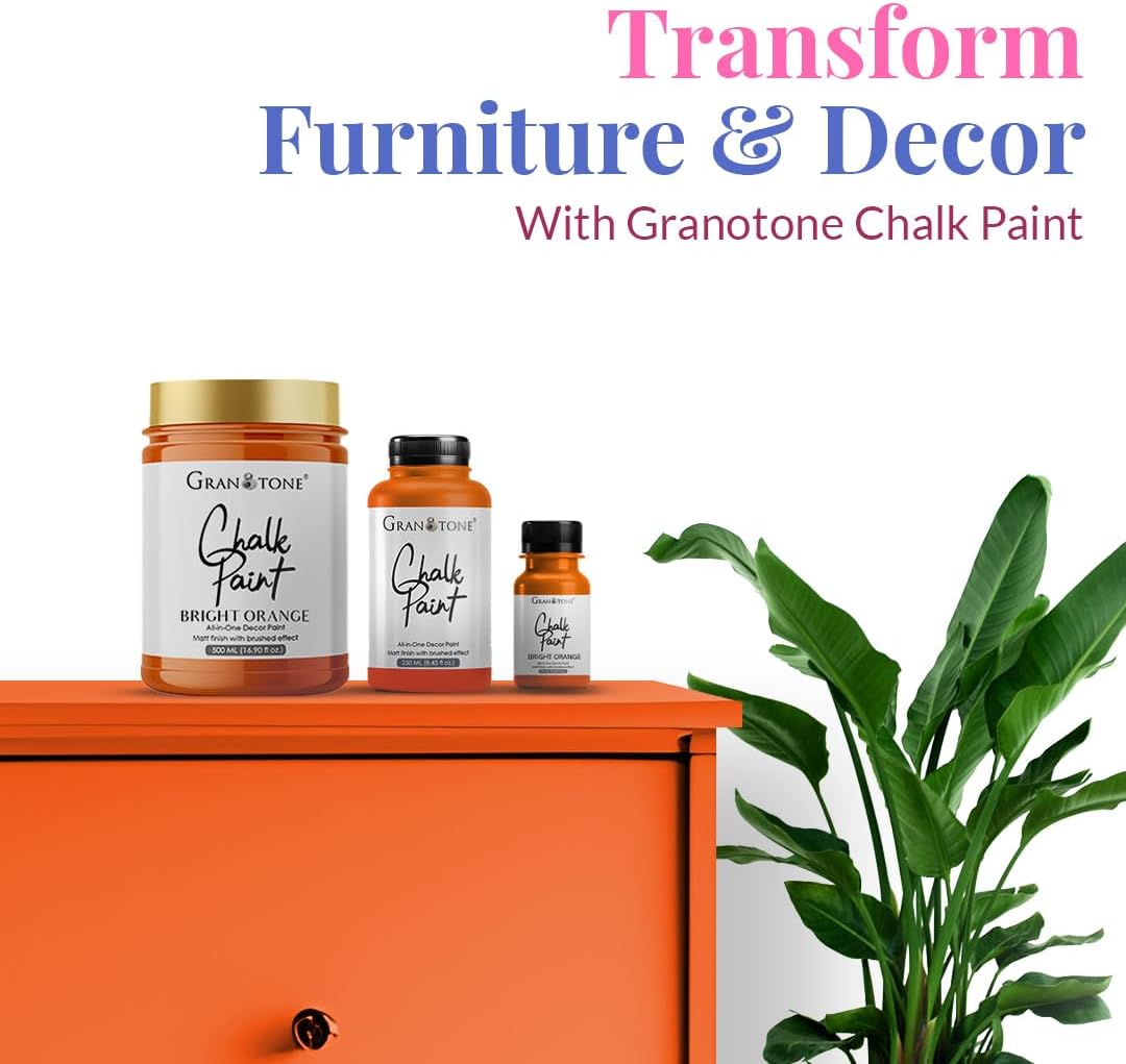 GRANOTONE Chalk Paint for Furniture | Matt-Finish Water-Based Acrylic Paint for Wood, Walls, Metal, Glass, Paper, Fabric Canvas | Maximum Coverage Chalk Paint for Kids & Adults, 500 Ml (BRIGHT ORANGE)