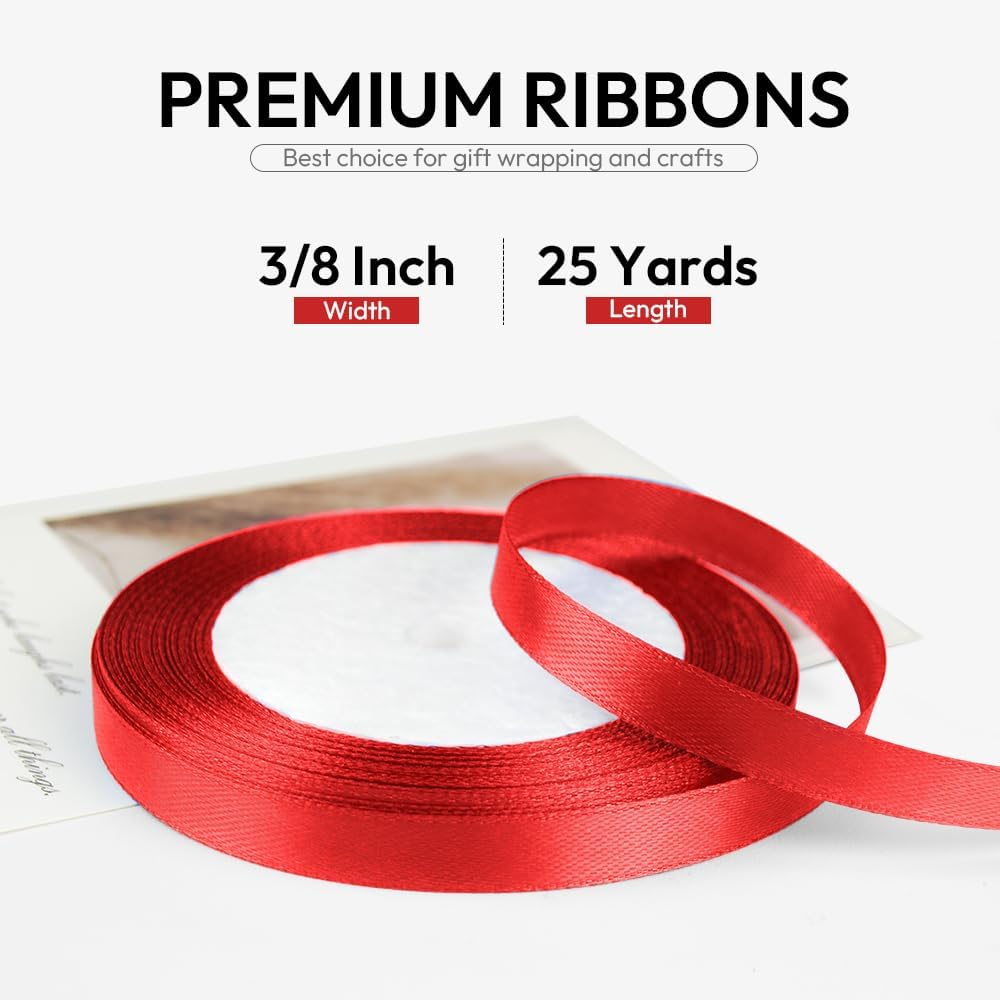 3/8 Inch 25 Yards Satin Ribbon Red, Solid Color Fabric Ribbon for Gift Wrapping, Wedding, Polyester Gift Ribbon for Birthday Party Decoration, Craft, Hair, Floral, Sewing
