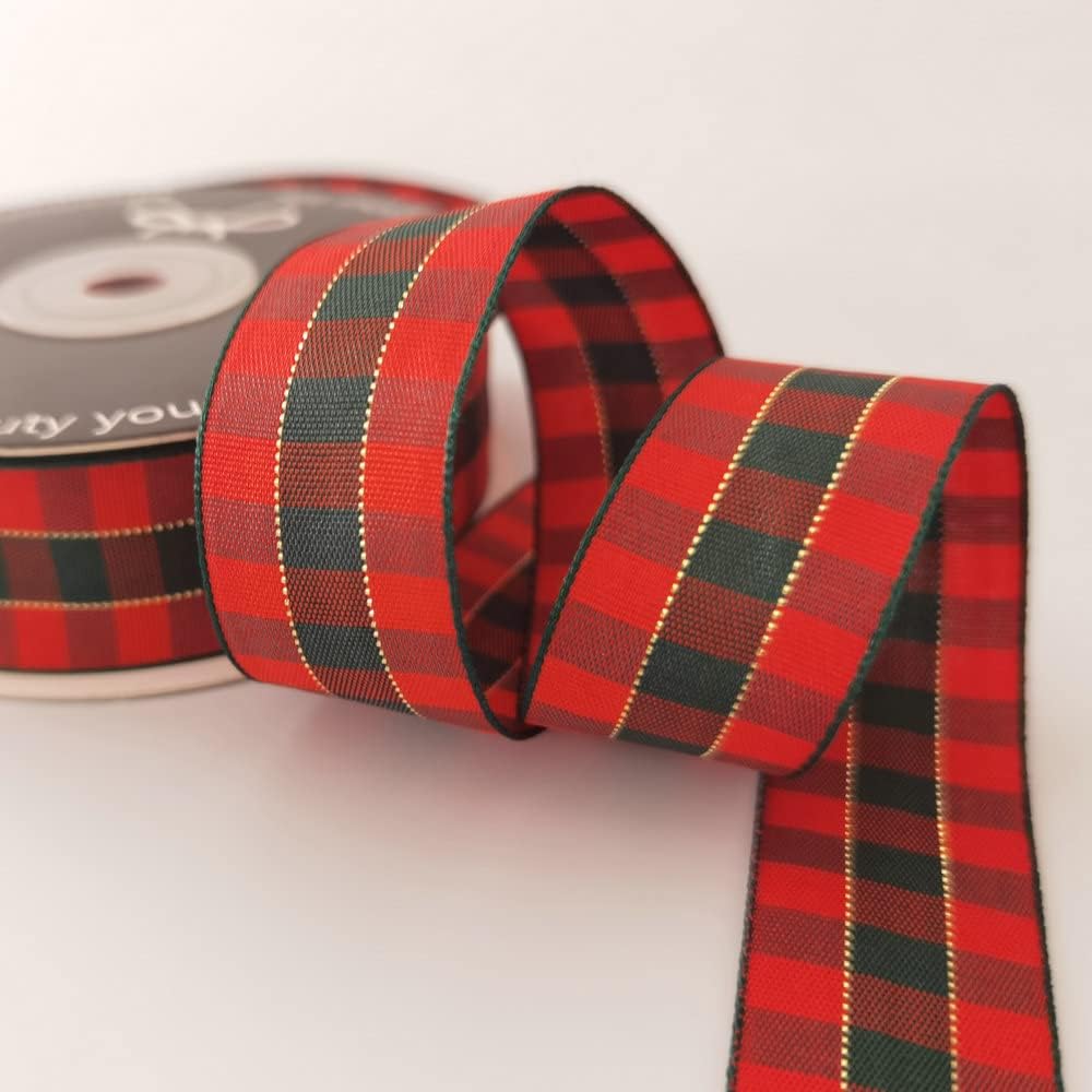 Micomon X'Mas Gingham Ribbon Green Red Metallic Gingham Ribbon 25 Yards Each Roll 100% Polyester (1",RedGreenGold)
