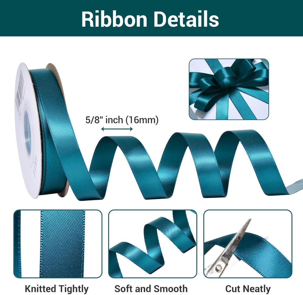 YAMA Double Face Satin Ribbon - 5/8" 25 Yards for Gift Package Wrapping,Floral Design,Hair Bow Clip Making,Crafting,Sewing,Wedding Decor, Teal
