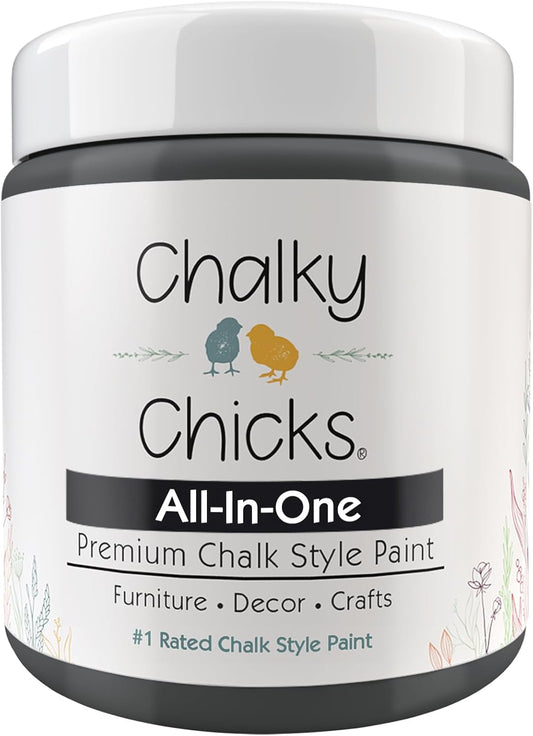Chalky Chicks All-in-One Chalk Paint for Furniture or Cabinet -4Fl Oz -Matte Finish Gun Metal Gray (Dark Gray) for Metal, Wood Furniture Paint - No Sanding All-in-One for Home Decor & Crafts, USA Made