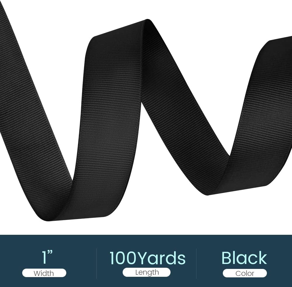 1" X 100 Yards Black Grosgrain Ribbon, Premium Grosgrain Ribbon for Sewing, Gift Wrapping, Bow Making, Wedding Decor, Wrapping and More (Black)