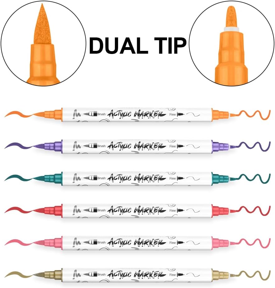 TRANSON 12 Colors Fine and Brush Dual-tip Acrylic Paint Marker Pen Set for Canvas Rock Wood Leather Ceramic DIY Painting