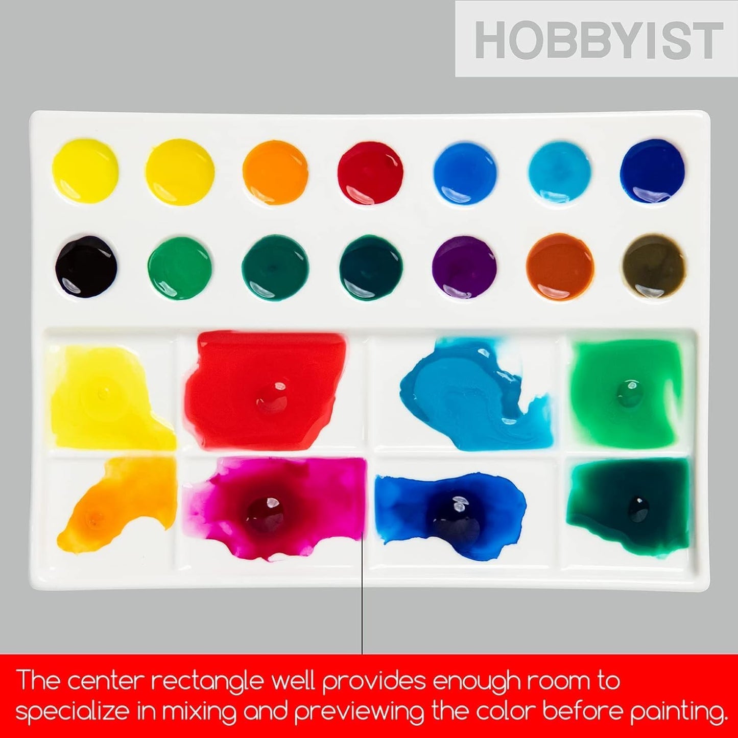 MEEDEN 22-Well Ceramic Watercolor Palette, Rectangle Porcelain Artist Paint Palette, 7.6'' × 5.5'' Ceramic Mixing Tray for Gouache, Watercolor, Acrylic Painting