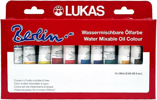 Lukas Berlin Pro Artists Water Mixable Oil Paint Set of 10 (20mL) Selection Set of 10-20 ml Tubes, Water Soluble, Lightfast Pigments, Quick Drying, Easy Clean-Up, Eco-Friendly, Professional Quality