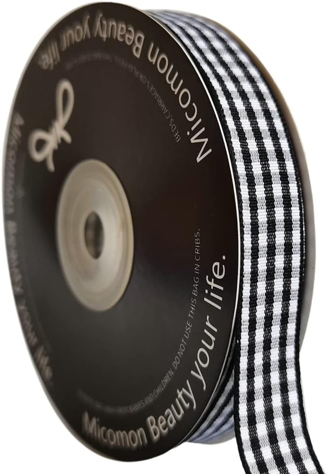 Black and White Wovon Edge Gingham Ribbon 25 Yard Each Roll 100% Polyester (5/8", Black)