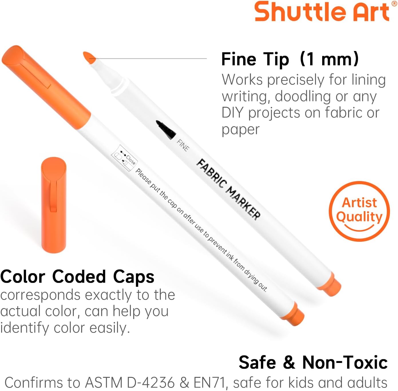 Shuttle Art 28 Colors Fabric Markers, Shirt Permanent Markers for Clothes Sneakers Jeans with 11 Stencils 1 Fabric Sheet, Fabric Pens for Kids Adult Painting Writing