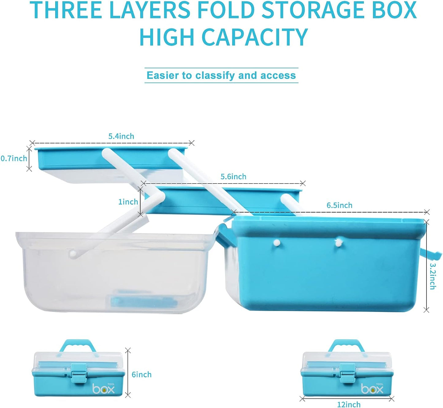 12in Three-Layer Multipurpose Storage Box Organizer Folding Tool Box/Art & Crafts Case/Sewing Supplies Organizer/Medicine Box/Family First Aid Box with 2 Trays (Blue)