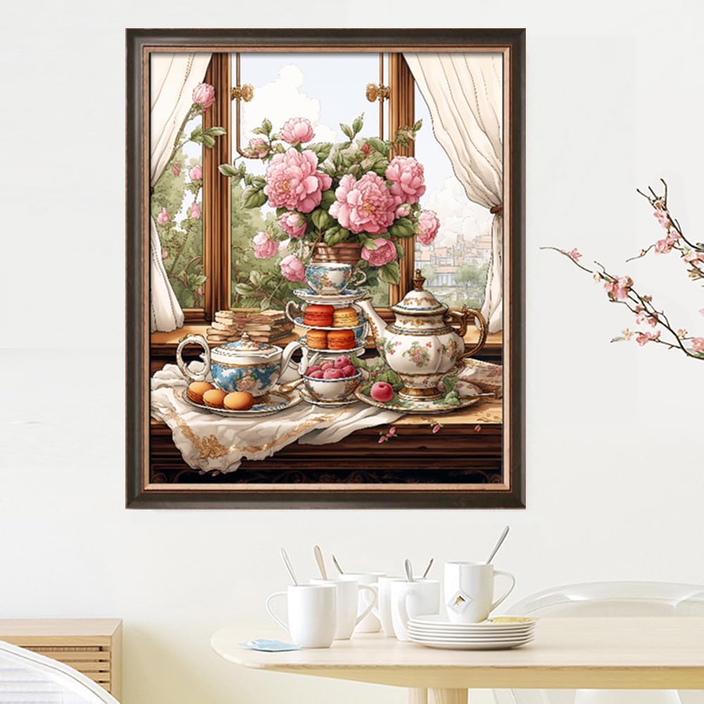 Leczany Cross Stitch Stamped Kit for Adults or Kids - Tea Time | DIY Embroidery Starter Patterns Craft Kit Needlepoint for Beginner | 11CT, 3 Strands | 13.8x16.9 inches