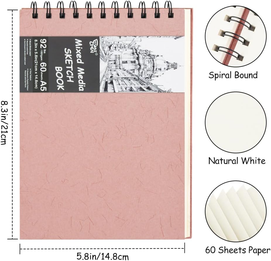 8.3x5.8 Sketch Book, Top Spiral Bound Sketch Pad, 60sheets 92lb/150gsm Nature White Paper, Acid-Free Mixed Media Paper for Painting, Dawing & Art Supplies. N-Pink