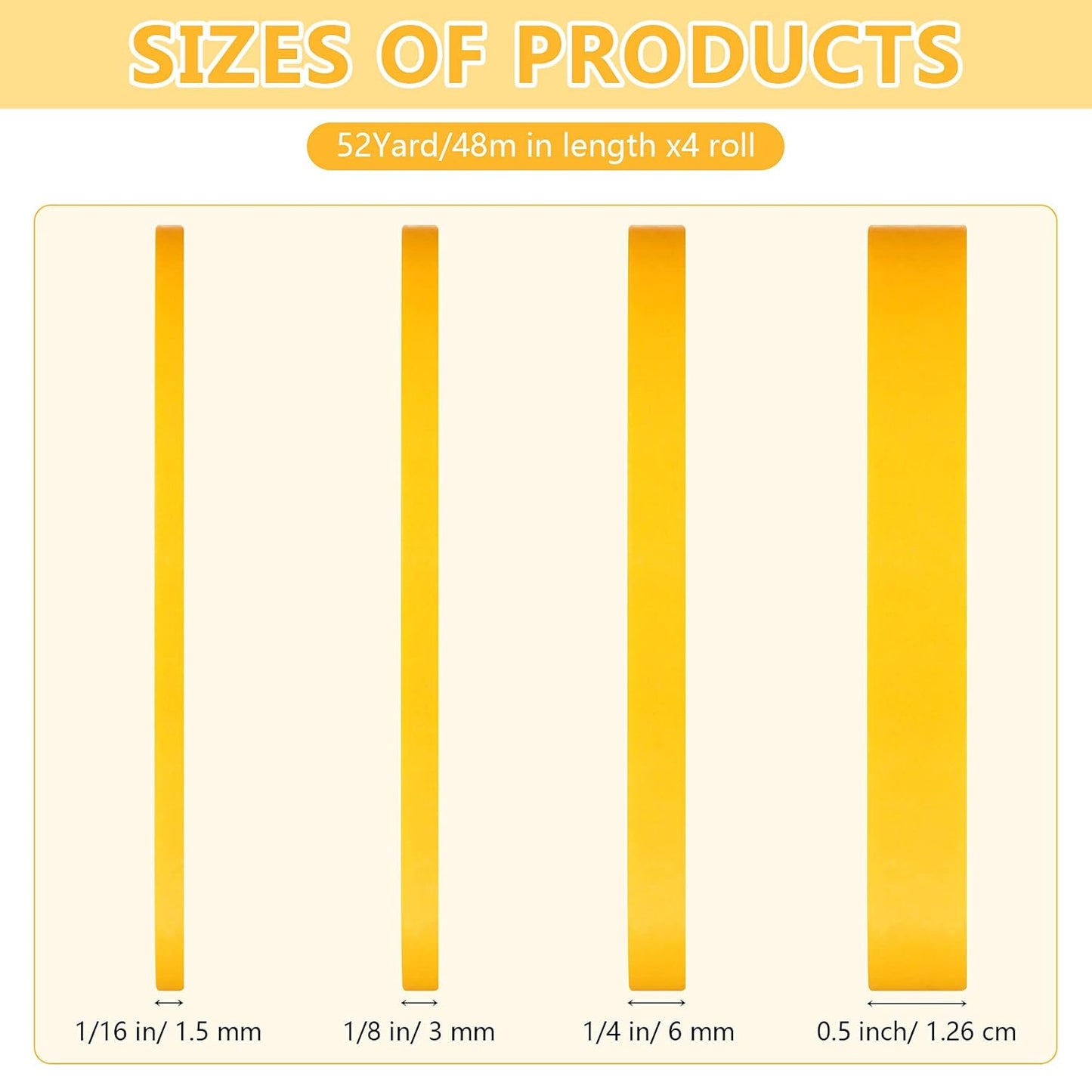 Epakh 4 Rolls Pinstripe Tape, Masking Tape in 1/16, 1/8, 1/4 and 1/2 Inch Wide, for Painters Automotive DIY Car Auto Paint Art(Yellow,52 yd)