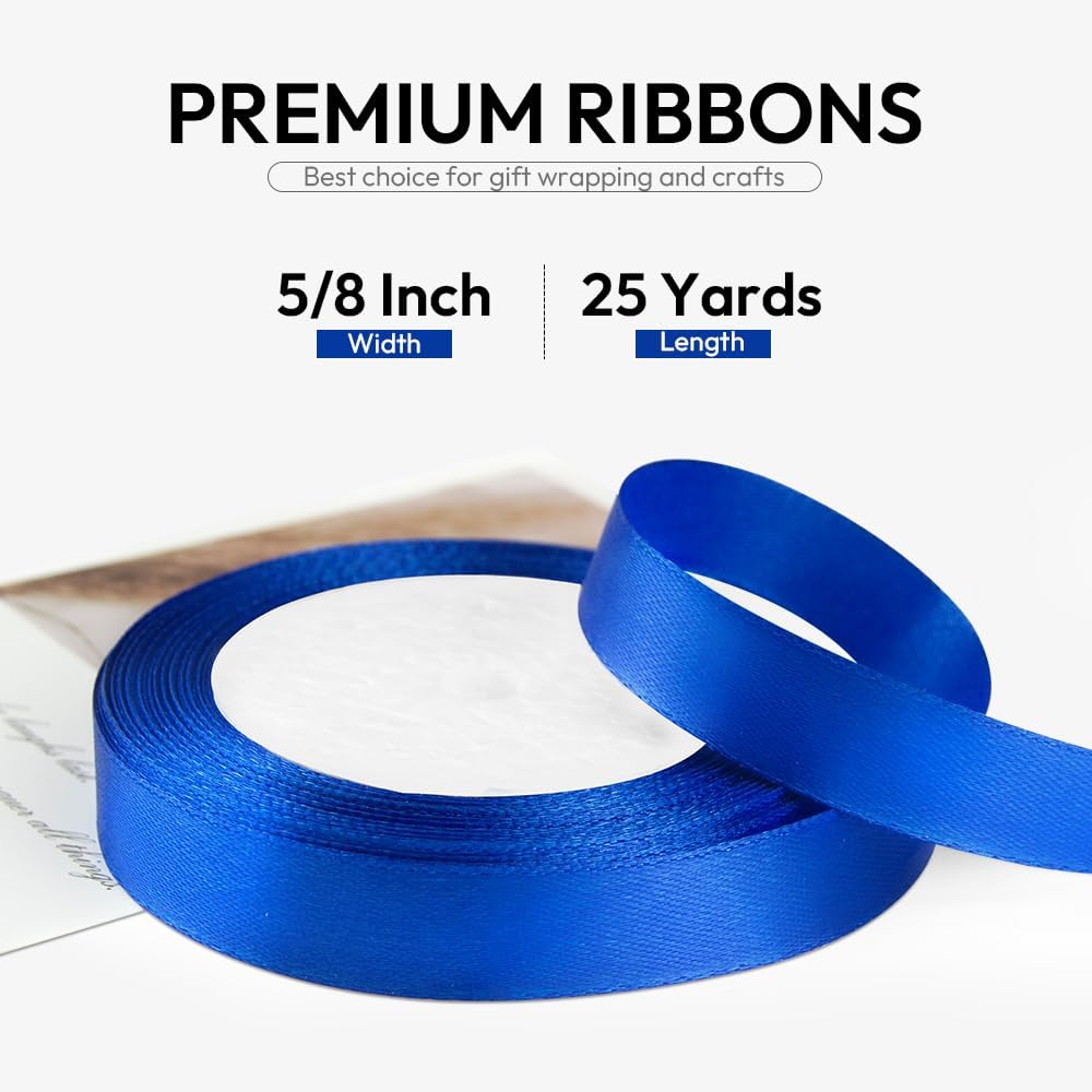 5/8 Inch 25 Yards Satin Ribbon Royal Blue, Solid Color Fabric Ribbon for Gift Wrapping, Wedding, Polyester Gift Ribbon for Birthday Party Decoration, Craft, Hair, Floral, Sewing