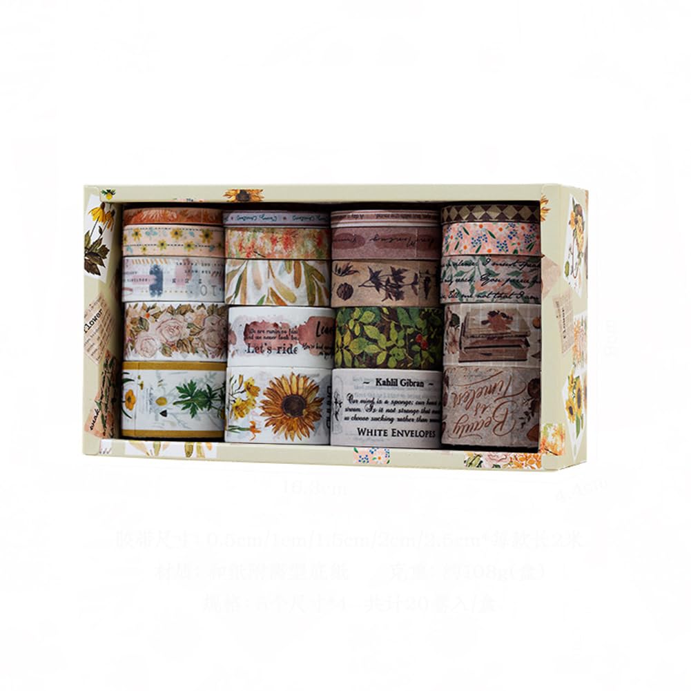 MAFELOE Decorative Vintage Washi Tapes Set 20 Rolls 2 Meters Long, Adhesive Scrapbook Junk Journaling Art Craft Collage Supplies-Forest Dream Series-Khaki (WT-M4-SLMJ)