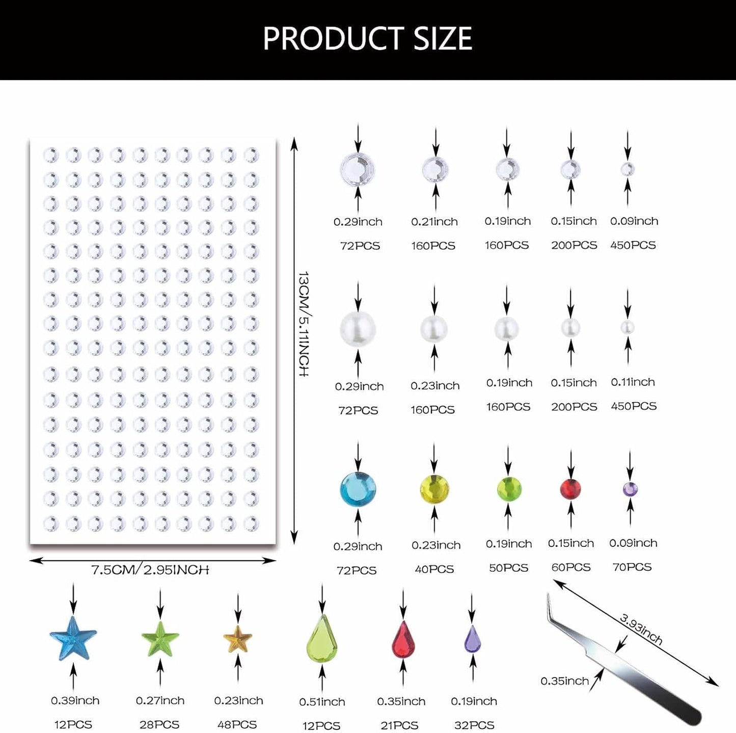 2450Pcs Hair Gems Rhinestones Self Adhesive Stickers with Tweezers Pearls Diamonds Letters for Face Eyes Nails Clothing Crafts Bling Accessories