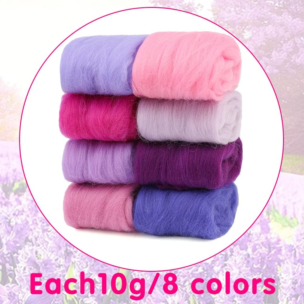 Wonvoc Needle Felting Wool 80 g, 8 Colors Nature Wool Roving, Felting Wool Bulk, Wool Roving for Needle Felting, for DIY Craft Materials and Felting Wool Craftsmen, 10g/Color, Purple