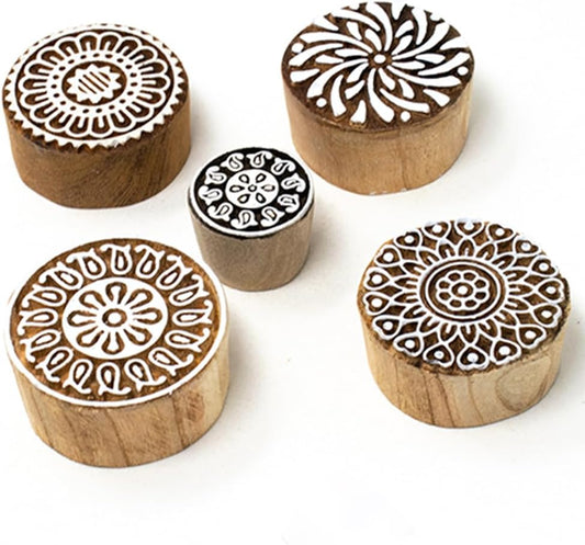 Round Shape Wooden Stamp Block for Block Printing - Handcarved Stamps for Saree Border/Scrapbook/Fabric/Textile/Paper/Clay/Pottery (Set of 5) Hashcart®