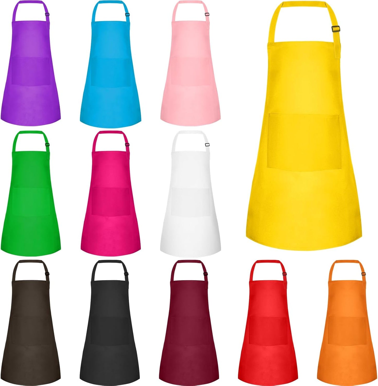 12 Pack Kids Apron bulk with 2 Pockets Adjustable Chef Art Apron Kids Painting Aprons for Cooking Baking Painting Crafting Grilling Activity（12 Color）