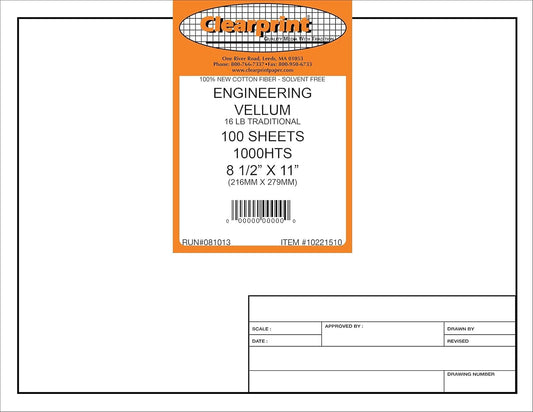 Clearprint 8-1/2" x 11" 1000H Design Vellum Sheets with Engineer Title Block, 16 lb., 100% Cotton, 100 Sheets Per Pack, 1 Each