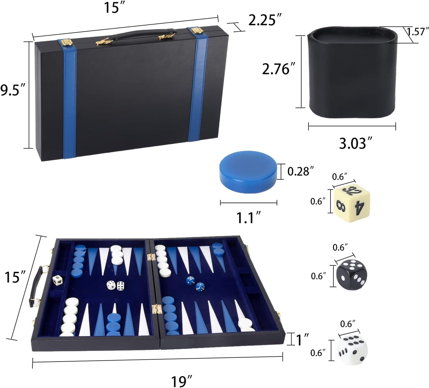 GSE Games & Sports Expert Premium Leather Backgammon Board Game Set, Classic Backgammon Game Set with Leather Case, Travel Folding Board Game (Black&Blue, Medium)