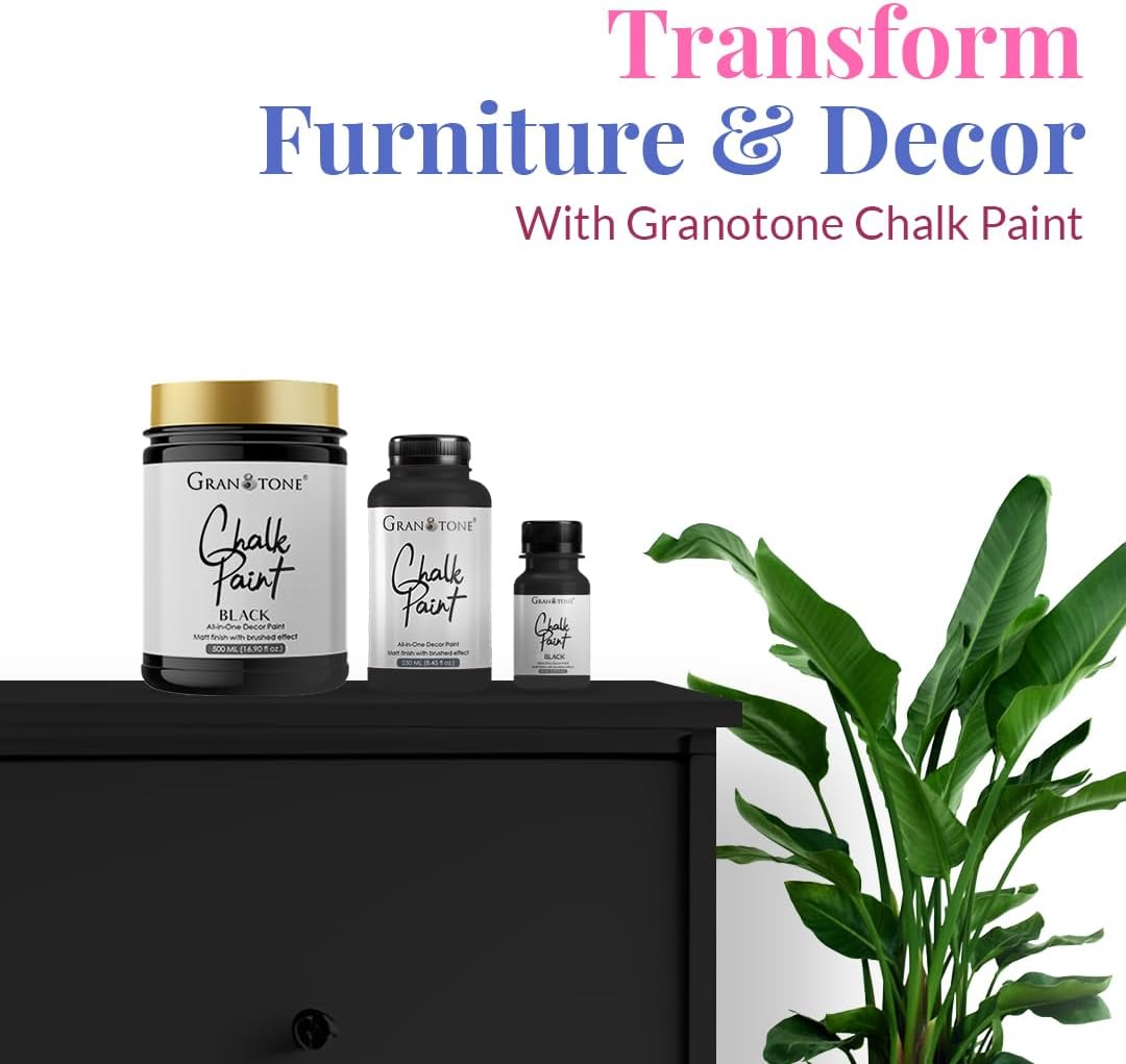 GRANOTONE Chalk Paint for Furniture, Matt-Finish Water-Based Acrylic Paint for Wood, Walls, Metal, Glass, Paper, Fabric Canvas, Maximum Coverage Chalk Paint for Kids & Adults, 500 Ml (BLACK)
