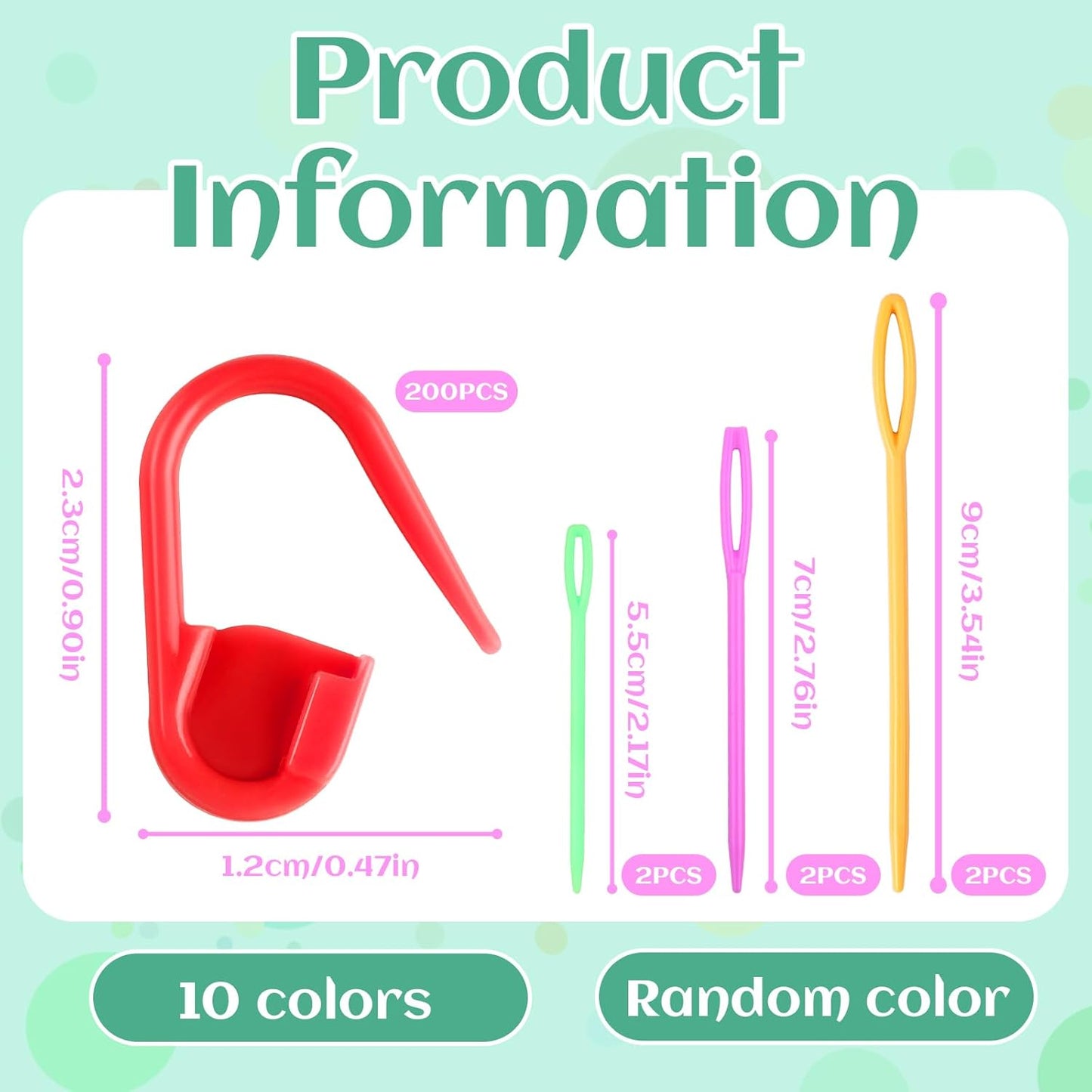 LUNARM 200 Pcs Stitch Markers for Crocheting, 10 Color Crochet Stitch Markers Knitting Locking Clip Pins with 6 Yarn Needles for DIY Craft Sewing