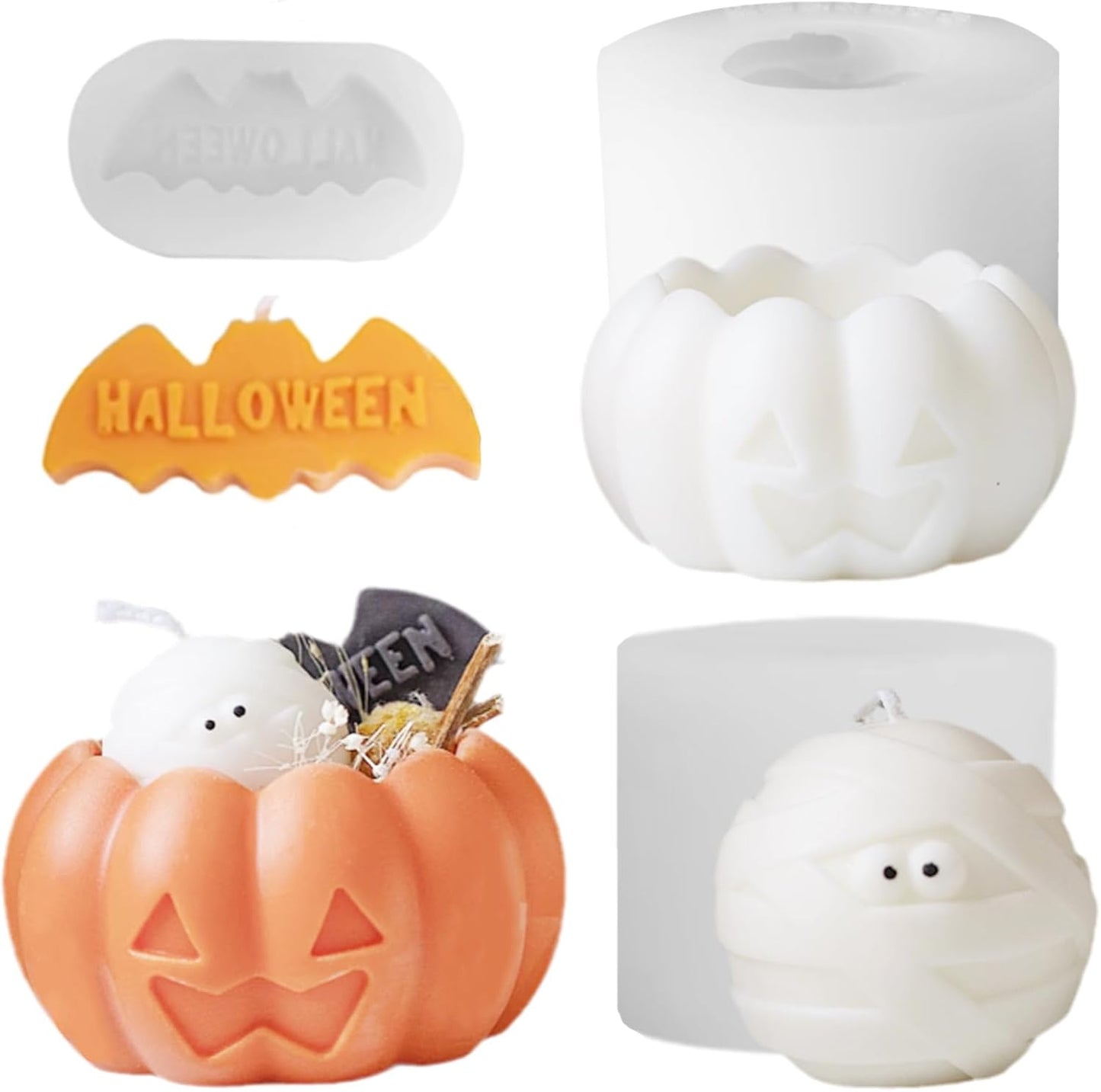 3 Pcs Halloween Candle Silicone Molds Set, DIY Letter Bat, Mummy Ball and 3D Pumpkin Container Mould for Candle Making, Wax Gypsum Ornament Resin Soap Chocolate Mold Home Decor