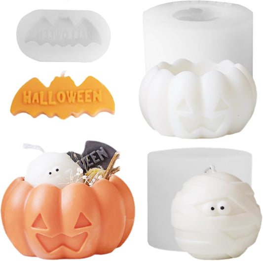 3 Pcs Halloween Candle Silicone Molds Set, DIY Letter Bat, Mummy Ball and 3D Pumpkin Container Mould for Candle Making, Wax Gypsum Ornament Resin Soap Chocolate Mold Home Decor