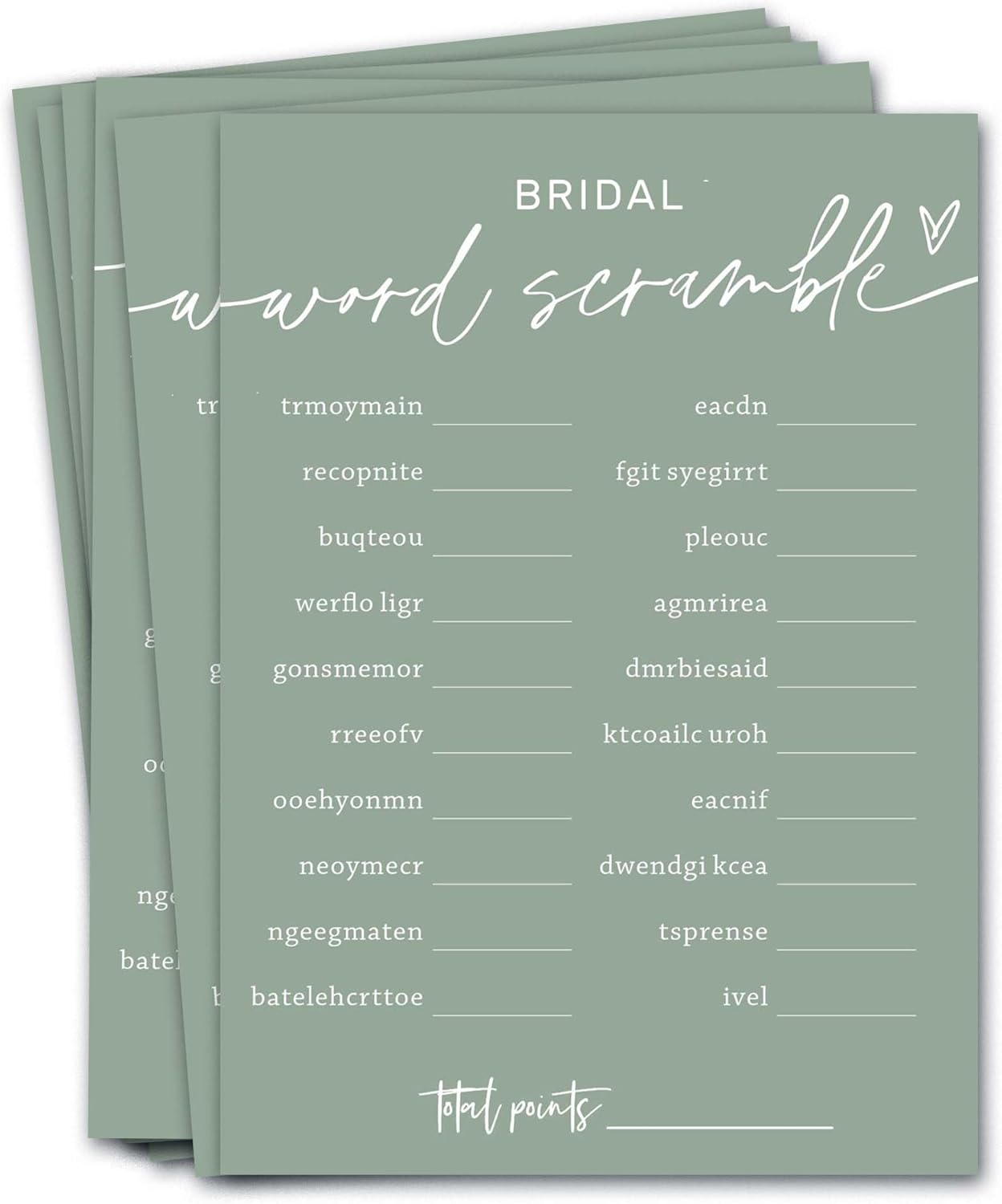 Bridal Shower Games Cards, Bridal Word Scramble, 25 Game Cards with 1 Answer Card, Engagement Party Wedding Games for Guests, Minimalist Green Wedding Party Supplies - C14