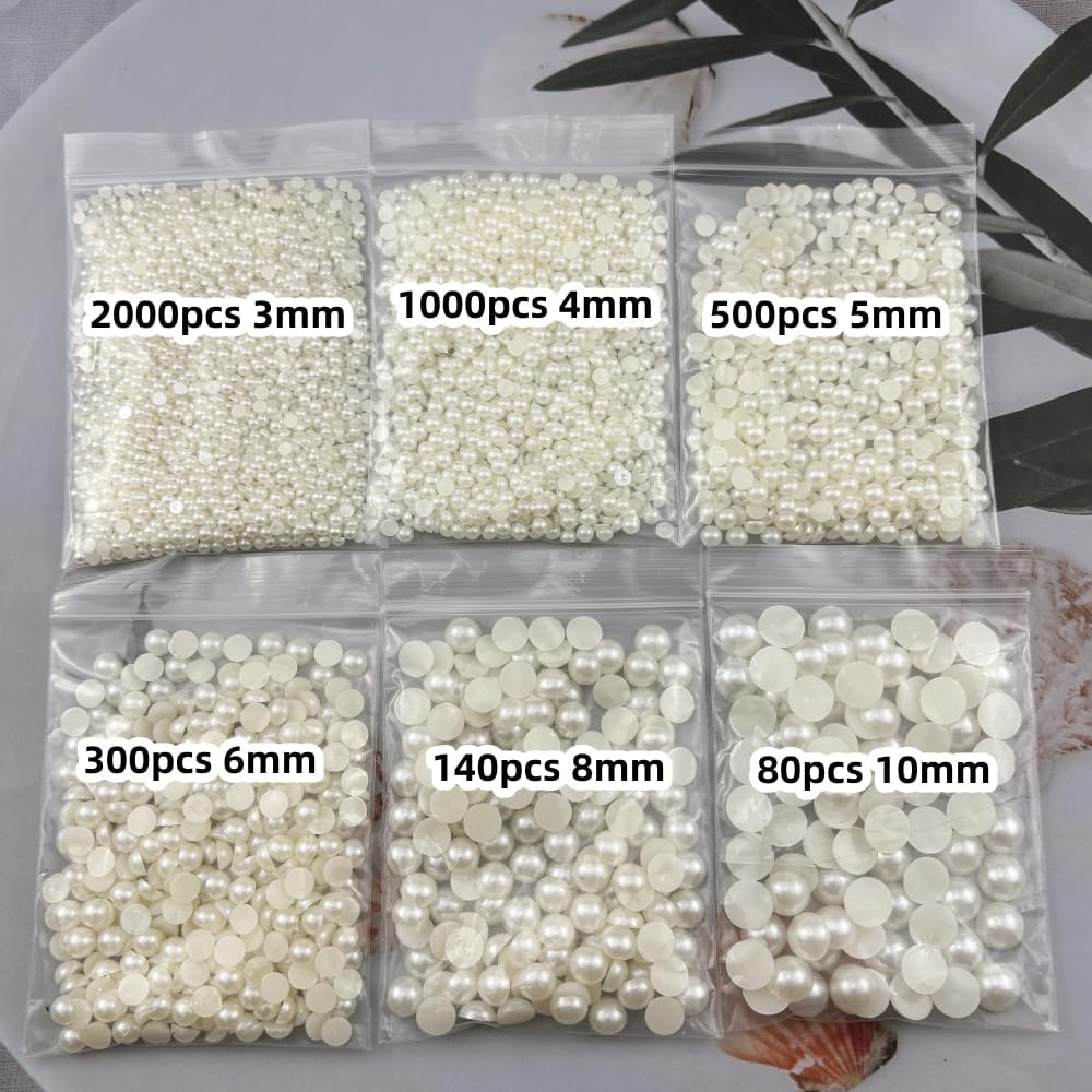 4020pcs Half Pearls for Crafts Assorted Size 3mm 4mm 5mm 6mm 8mm 10mm Flatback Half Round Pearl Beads for Jewelry Making Nail Art Scrapbook Craft Wedding Dress Decoration(Ivory White)