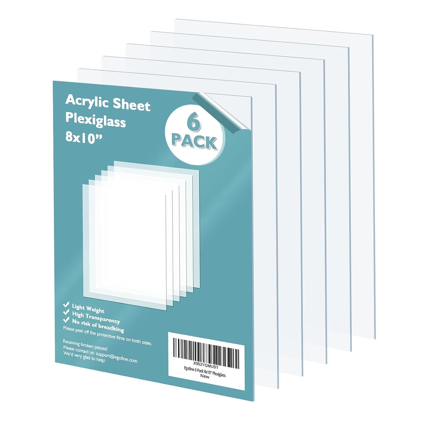 Egofine Plexiglass Sheets Acrylic Sheets 6 Pack of 8x10’’ 0.04 Thick Clear Plastic Cast Transparent Plexi Glass for Crafting Projects, Replacement Picture Frame Glass, DIY Display, Easy to Cut