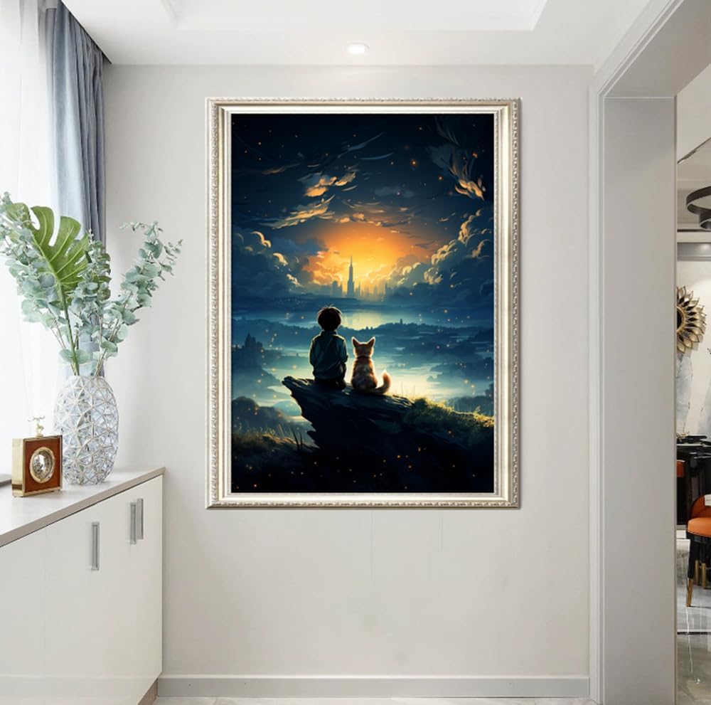 Leczany Cross Stitch Stamped Kit for Adults or Kids - Prince and Cat | DIY Embroidery Starter Patterns Craft Kit Needlepoint for Beginner | 11CT, 3 Strands | 13x17.7 inches