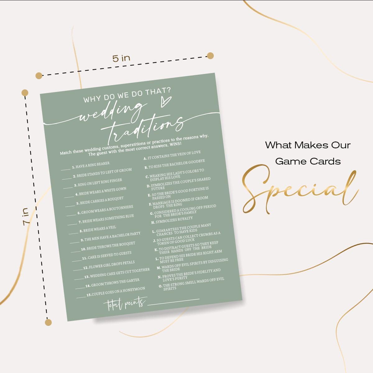 Bridal Shower Games Cards, Wedding Traditions Why Do We Do That, 25 Game Cards with 1 Answer Card, Engagement Party Wedding Games for Guests, Minimalist Green Wedding Party Supplies - C08