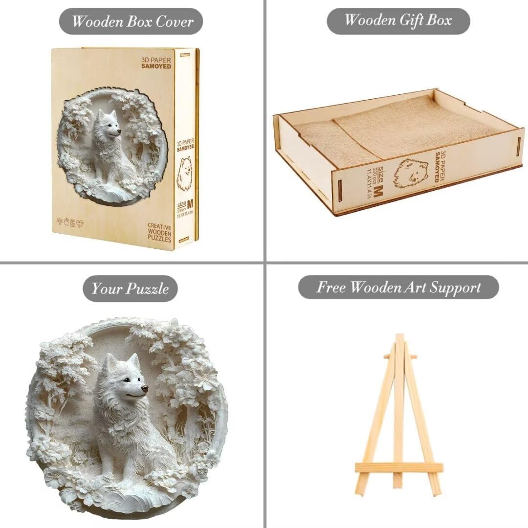 Wooden Puzzles Adults, 3D Samoyed Dog Wooden Puzzles 200 Pieces, Unique Animal Shaped Wood Challenging Jigsaw Puzzles Gifts for Adults, 11.4x11.1in