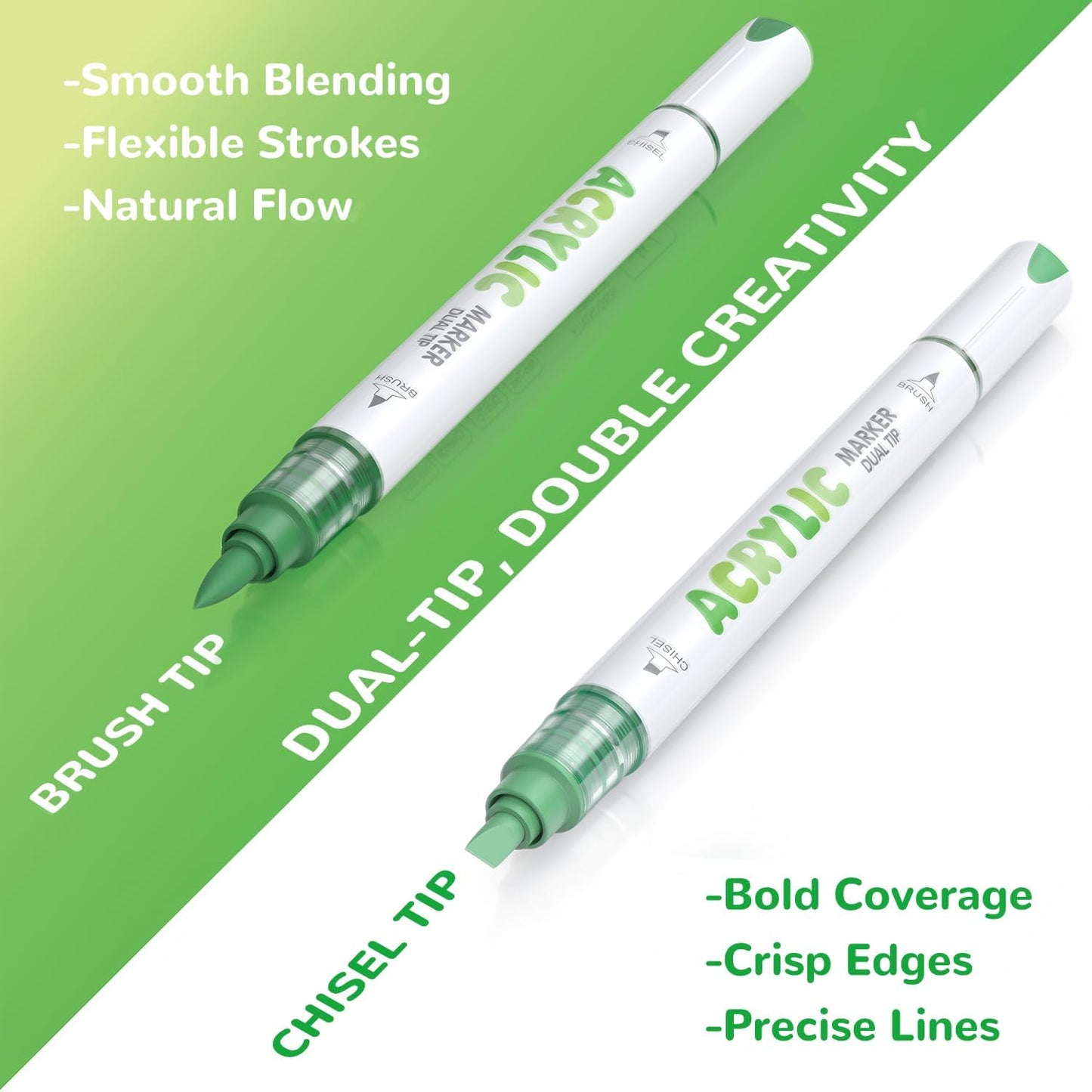 Guangna 12 Green Dual Tip Acrylic Paint Markers, Brush Tip & Chisel Tip Acrylic Paint Pens for Rock, Wood, Glass, Paper, Coloring Book, Ceramic, Canvas, Water-Based Ink