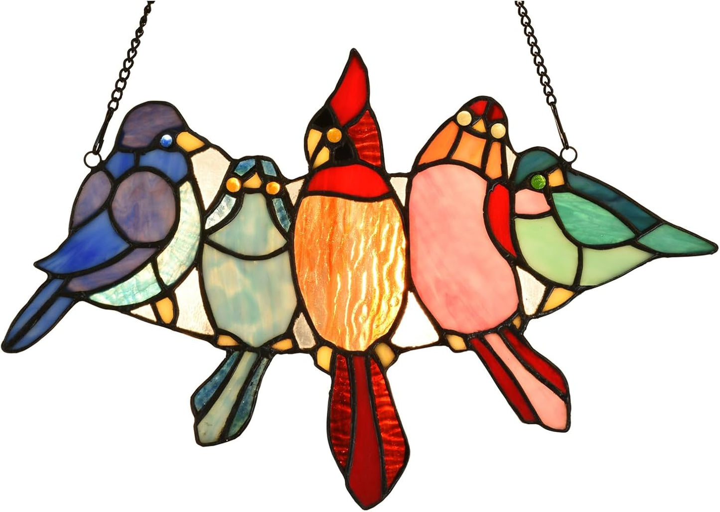 PA0011 Tropical Birds on The Wire Stained Glass Window Panel Tiffany Style Hangings Suncacher with Chain, 12X7.6 Inches, Art Glass Decoration for Window Wall Garden