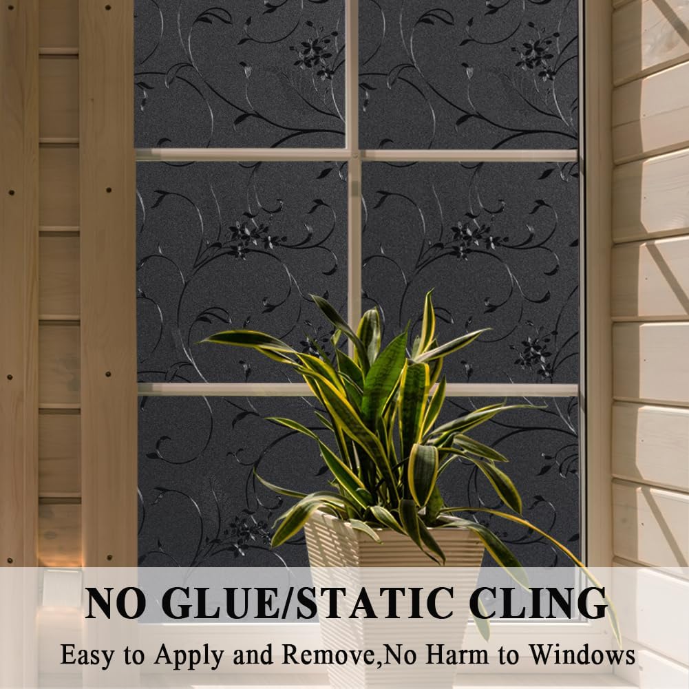 Mikomer Total Blackout Window Film,100% Light Blocking Privacy Glass Door Film Etched Flowers,Room Darkening Window Cling,No Glue/Heat Control/Anti UV for Day Sleep & High Privacy,17.5In. by 78.7In.