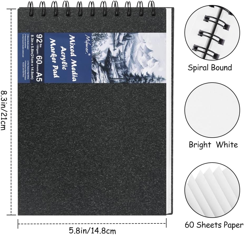 8.3x5.8 Sketch Book, Top Spiral Bound Sketch Pad, 60sheets 92lb/150gsm Bright White Paper, Acid-Free Mixed Media Paper for Painting, Dawing & Art Supplies. B-Black