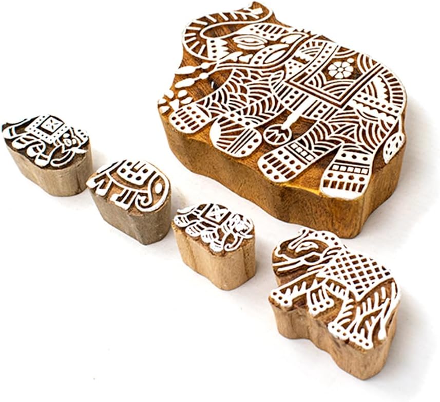 Wooden Block Stamp for Block Printing - Elephant Design Wooden Print Stamp Set of 5, Handcarved Indian Wood Stamps for Crafting on Fabric, Clay & Henna Tattoo HASHCART®