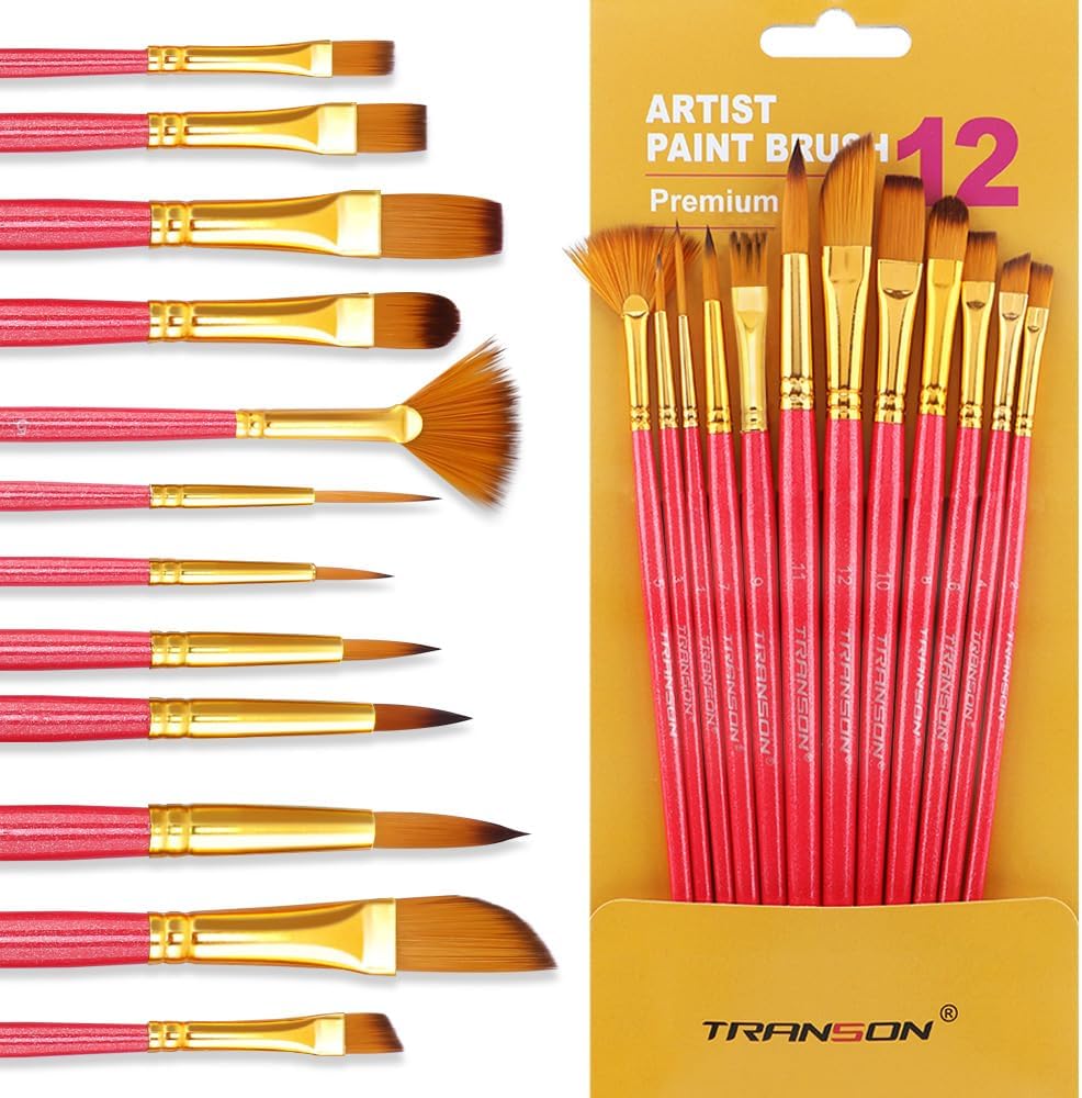 Transon Artist Paint Brush Set of 12 for Acrylic Watercolor Gouache Oil Craft Painting Red