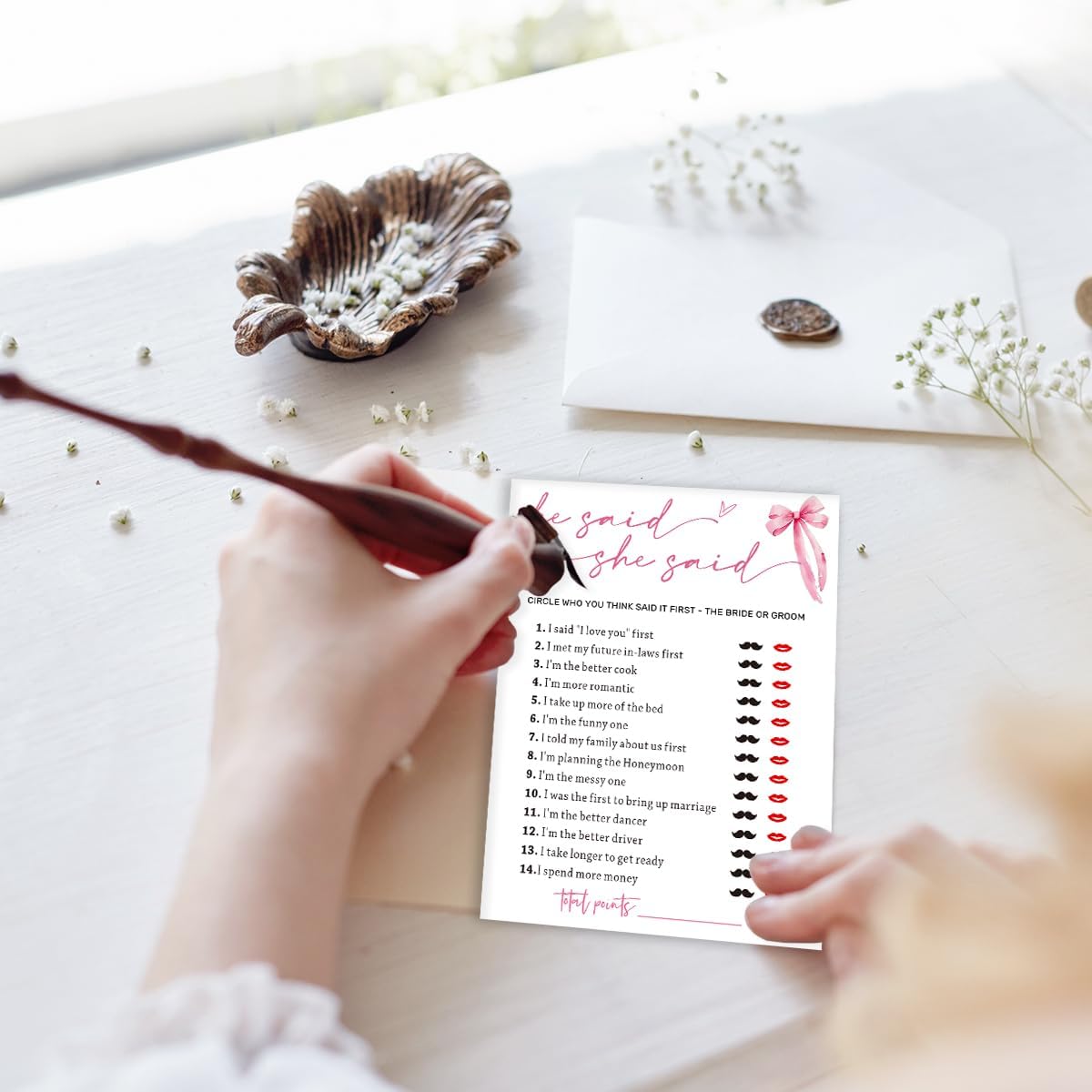 Wedding Shower Games Cards, Guest Who Said It, He Said She Said Game Cards, Bridal Shower Games 25 Guests, Engagement Party Wedding Games for Guests, Pink Ribbon Bow Wedding Party Supplies - E07