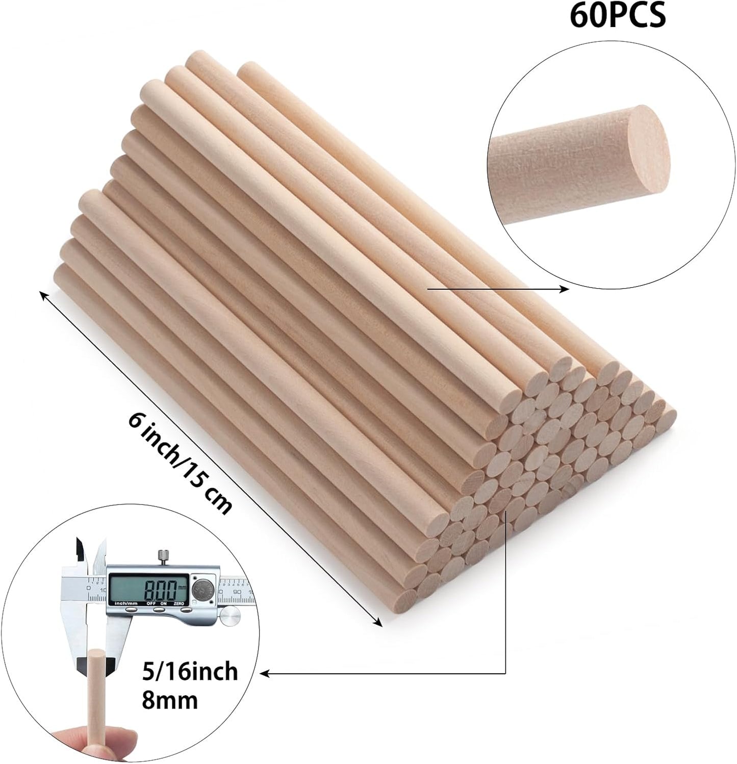 Wooden Dowels Wooden Sticks for Crafts 5/16" x 6", 60 PCS Wood Dowel Rods, Wood Sticks for Crafting, Macrame Dowels, Unfinished Round Hardwood Stick for Tiered Cake Support and Wedding Ribbon Wands