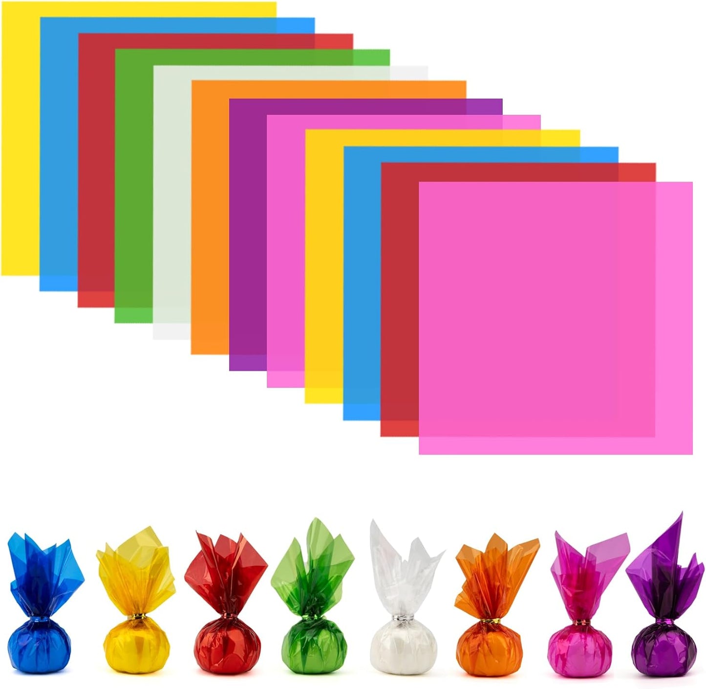 168 PCS Colored Cellophane Wrap Paper(7.48x7.48 Inch) Treat Candy Small Gifts Wrapping Baskets Colorful Plastic Sheets for Crafts Transparent Clear Clings Birthday Baby Shower Holiday Party Decor