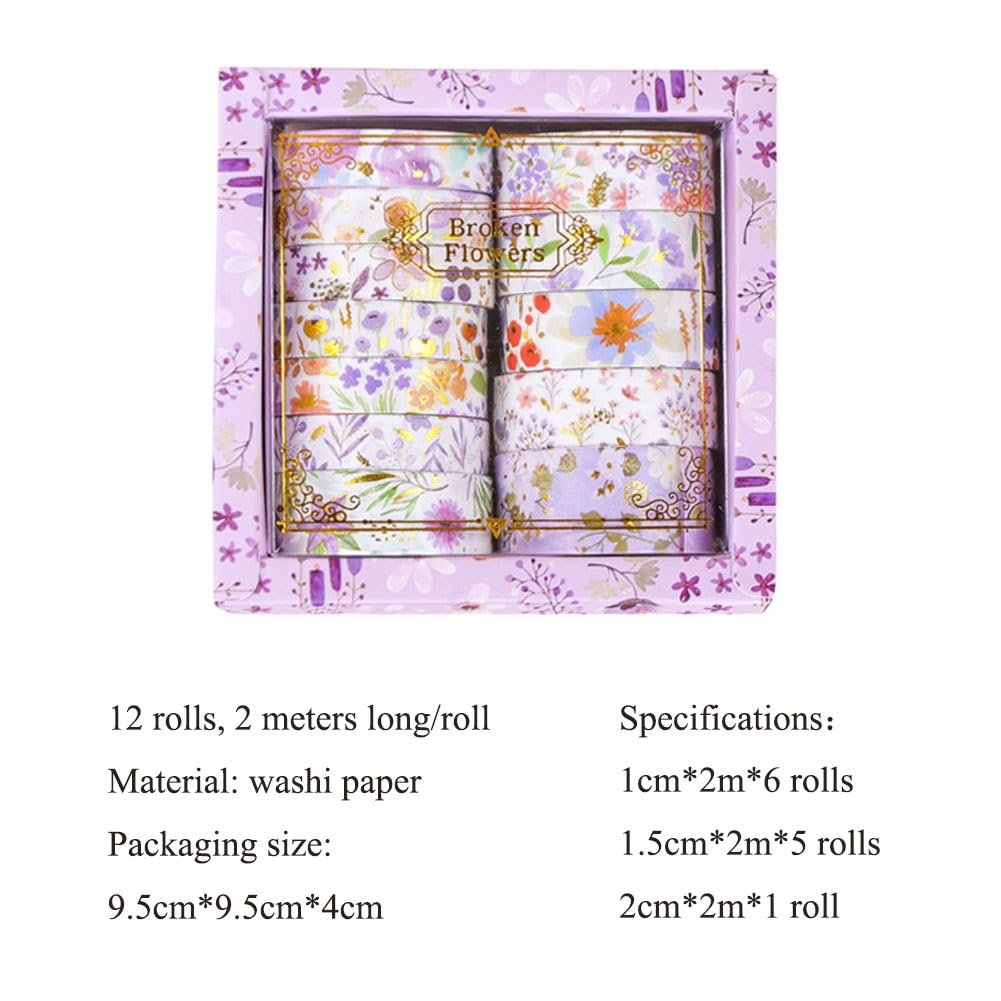 MAFELOE 2 Meters Long 12 Rolls Washi Tape Set, Decorative Adhesive Supplies for Scrapbook Journaling Junk Bullet Art Collage-Floral Print Series-Purple (HZ-3Y-SHMJ-01)
