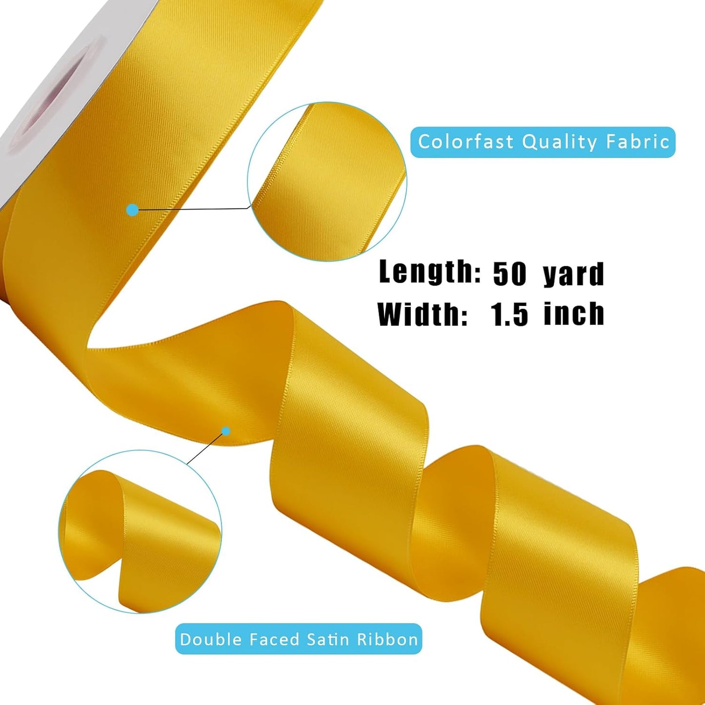 LaRibbons 1 1/2 Inch 50 Yard Double Faced Satin Ribbon,Yellow Gold Satin Craft Fabric Ribbon for Gift Wrapping Floral Bouquets Wedding Party Decoration