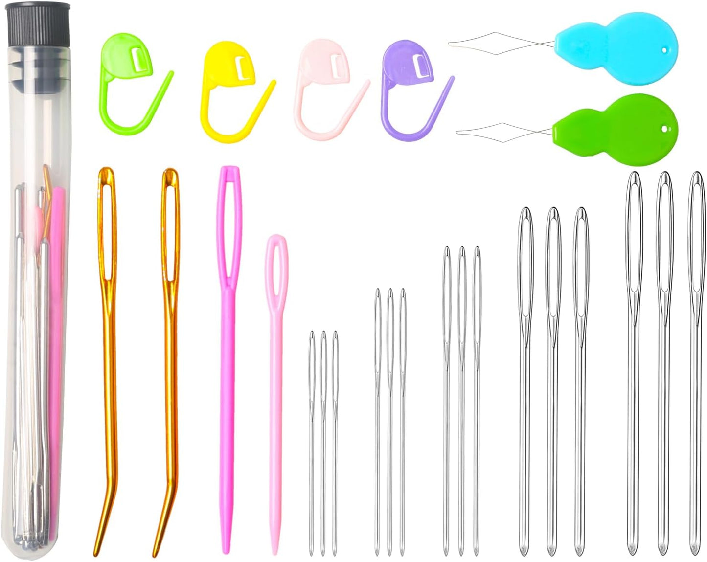 Hekisn 25Pcs Large Eye Blunt Yarn Needles kit, Assorted Sizes Bent Tapestry Darning Needle, Sewing Needles with Needle Threaders & Stitch Markers for Knitting Crochet (Black)