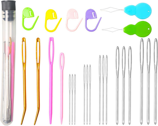 Hekisn 25Pcs Large Eye Blunt Yarn Needles kit, Assorted Sizes Bent Tapestry Darning Needle, Sewing Needles with Needle Threaders & Stitch Markers for Knitting Crochet (Black)