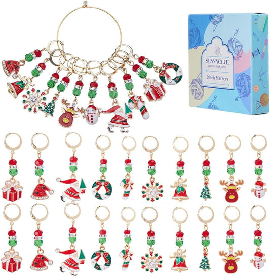 SUNNYCLUE 1 Box 20pcs Christmas Stitch Markers Crochet Knitting Markers Rhinestone Locking Stitch Markers Leverback Kntting Charms for Knitting Weaving Sewing Needleworks Women Adult DIY Crafts